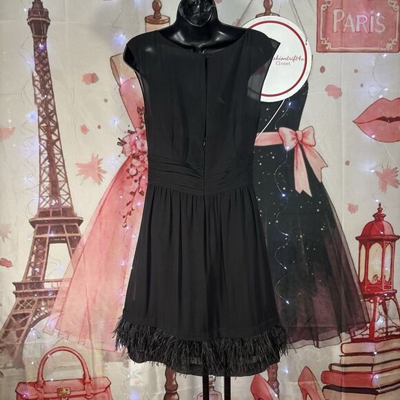 Trina Turk Black 100% Silk Ostrich Feather Trim Dress 8 - Picture 5 of 11